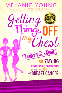 Cover of a survivor's guide on breast cancer with pink silhouettes and bold text.