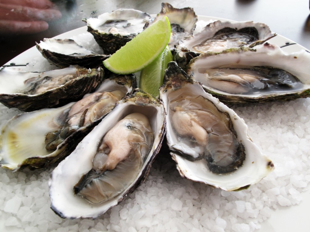 Fresh oysters served on ice with a lime wedge.